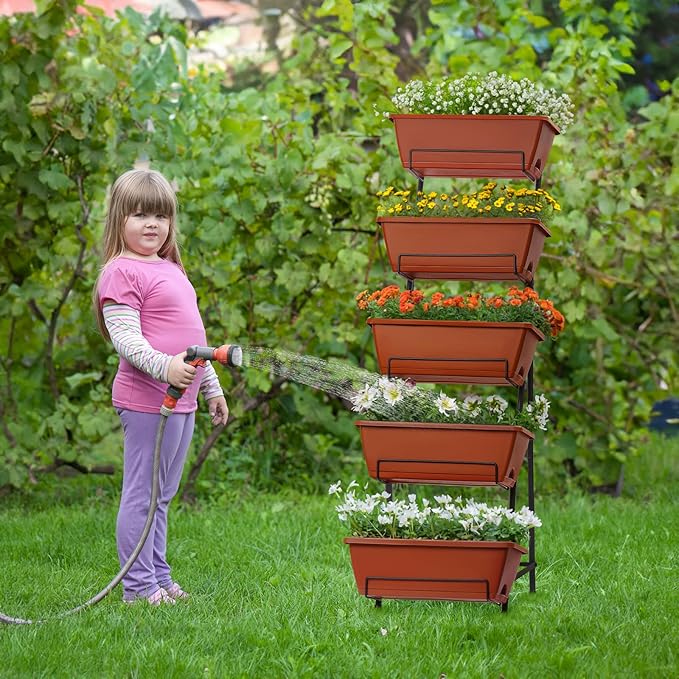 YBING Vertical Garden Bed 5 Tier Vertical Raised Garden Planter Standing Herb Garden Planter Tiered Flower Planter Boxes for Outdoor Plants Brick-Red