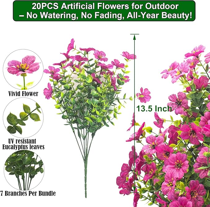 20 Bundles Artificial Flowers for Outdoors, UV Resistant Fake Plants Flowers Greenery Shrubs Plants for Decoration Outside Plants Hanging Planter Home Garden Decor (Rose Red)