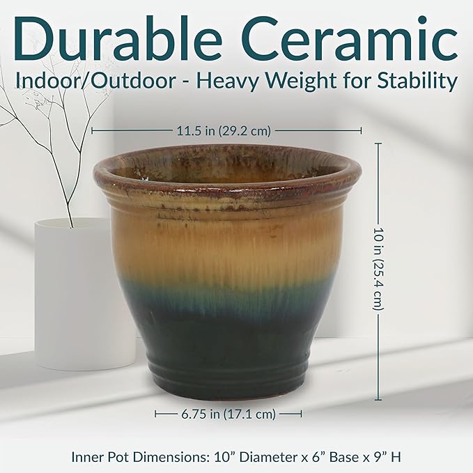 Sunnydaze Round Ceramic Planter - Set of 2 Indoor or Outdoor Plant Pots with Drainage Hole - Studio - 11" - Forest Lake Green Glaze