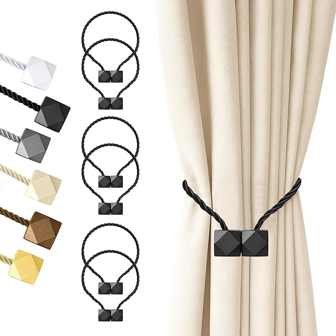 Hion Magnetic Curtain Tiebacks Black 6 Pack, Curtain Tiebacks Buckles Holdbacks Holders Hooks Clip for Home Bedroom Office Decorative Thick or Thin Curtain