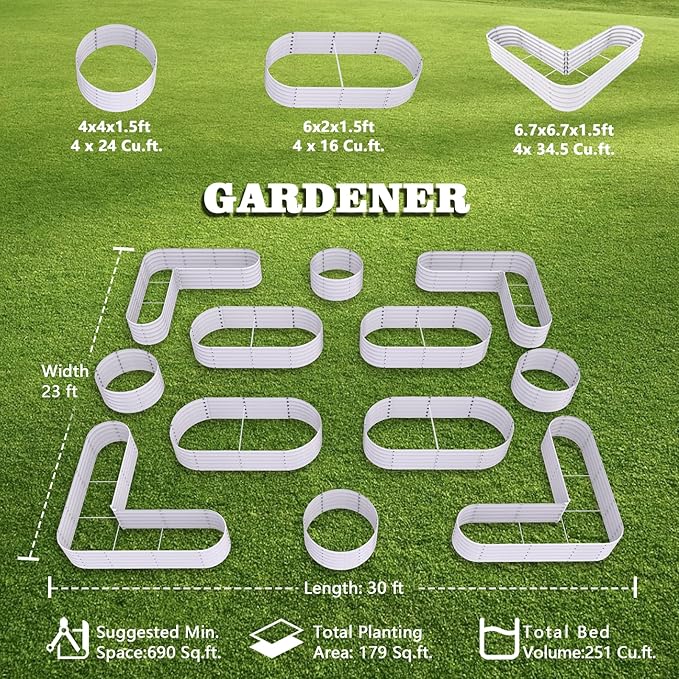 A ANLEOLIFE 12-Pack 4X4X1.5ft & 6X2X1.5ft & 81x81x18 in Deep Root Galvanized Raised Garden Beds Outdoor for Planting Vegetables Flowers Herb, Antique White