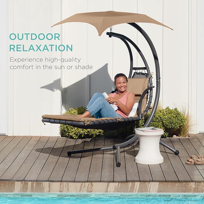 Best Choice Products Outdoor Hanging Curved Steel Chaise Lounge Chair Swing w/Built-in Pillow and Removable Canopy - Tan