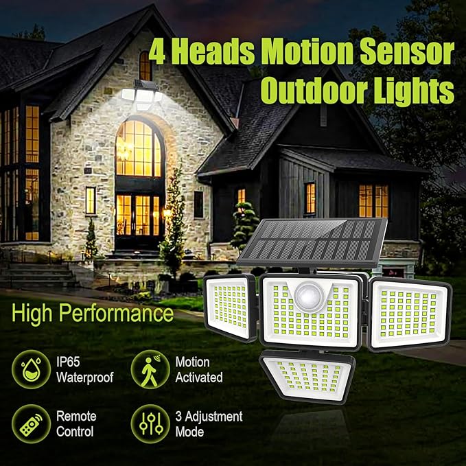 3000LM Solar Lights Outdoor with Motion Sensor,4 Head 270° Wide Angle Street Area Lights,IP65 Waterproof Security Lighting with 3 Modes(Remote,2 Pcs)