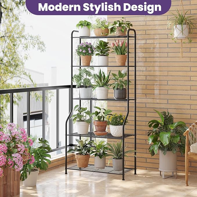 5-Tier Corner Plant Stand, Metal Black Flower Pot Rack, Indoor Outdoor Heavy Duty Shelf (Black, 5 Tier)