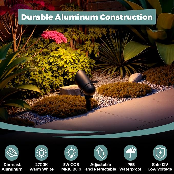 Gardencoin Low Voltage Landscape Spotlight, 12V LED Outdoor Landscape Lighting, Landscape Spot Lights Wired for Garden and Yard, Aluminum Up Lighting Fixture with 5W MR16 Replaceable Bulb (6 Pack)