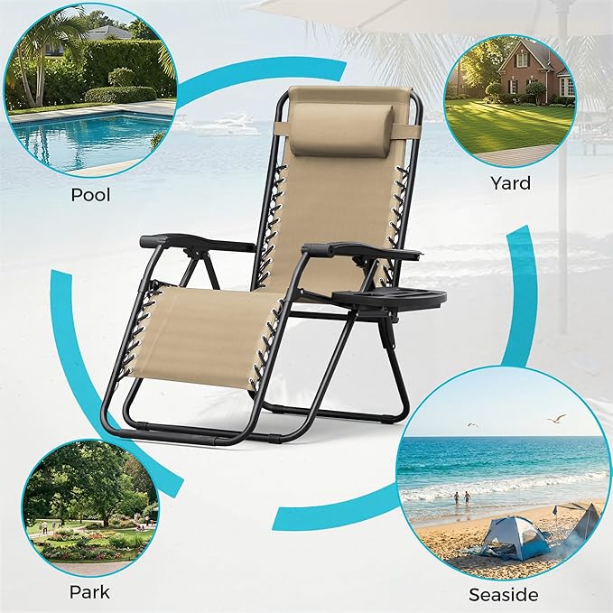 Homall Zero Gravity Chair Patio Folding Lawn Outdoor Lounge Gravity Camp Reclining Lounge Chair with Cup Holder Pillows for Poolside Backyard and Beach Set of 4 (Beige)