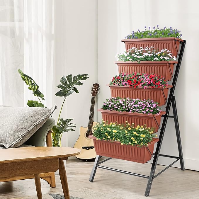 Suyncll Vertical Raised Garden Bed Planter Box,5 Tiers Vertical Garden Planter with Drainage System&4 Hooks for Herb Vegetables Flowers, Brick Red