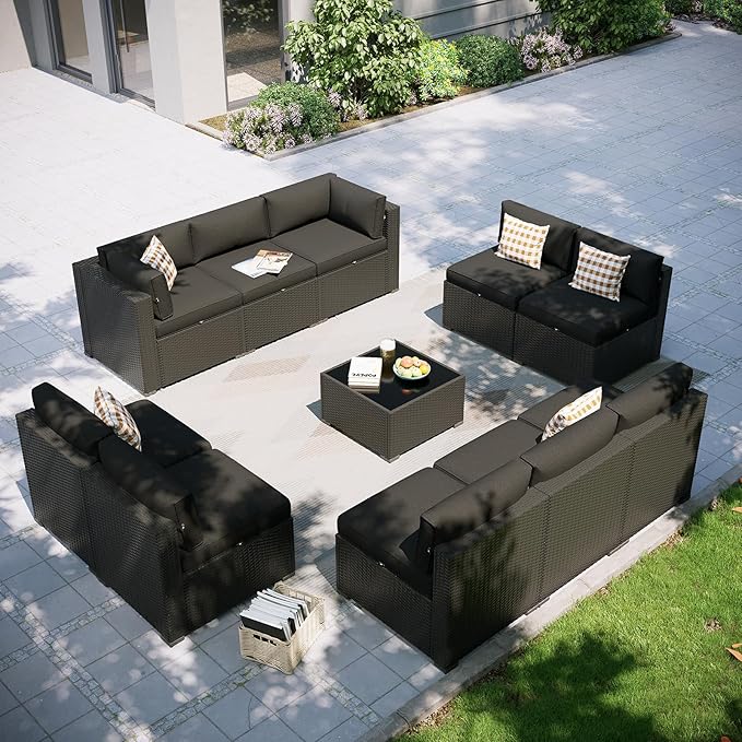 Aoxun Patio Furniture Set, 11 Piece Outdoor Sectional Sofas with Waterproof Cover, 10 Seats Wicker Rattan Outdoor Furniture Patio Conversation Set for Backyard, Garden Black