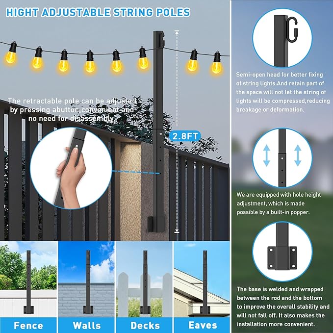 AILBTON 4 Pack Suspension Outdoor String Light Poles for Outside String Lights Hanging,with Clip and Holder,Light Post Mounting Stand for Patio Fence Wall Garden Backyard Deck