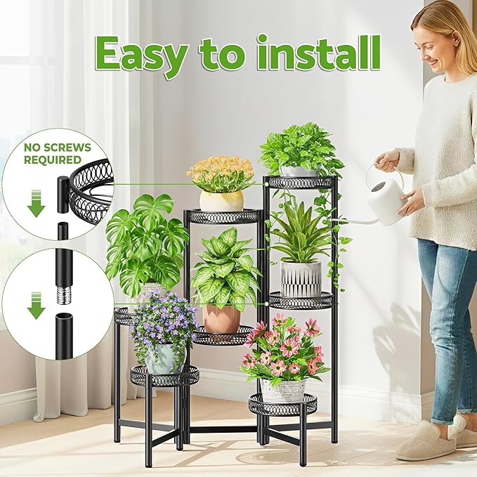 Plant Stand Indoor Outdoor, 7 Tier Large Plant Stand with 7.9-Inch Wide Drainage Tray, Tiered Corner Metal Iron Flower Display Holder Shelf, Folding Tall Rack for Patio Balcony Porch - BlackFlower