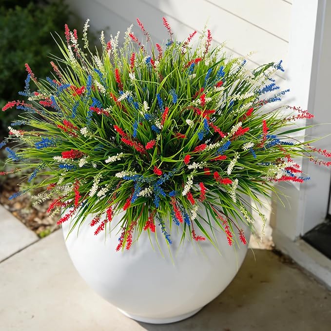 Artificial Faux Plants for Outdoor Spring Decoration, 12 Pcs Fake Monkey Grass for Garden Porch Balcony Planters, Fake Flowers Shrubs UV Resistant No Fade Plants Greenery Bush (Red Blue White)
