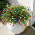 Artificial Faux Plants for Outdoor Spring Decoration, 12 Pcs Fake Monkey Grass for Garden Porch Balcony Planters, Fake Flowers Shrubs UV Resistant No Fade Plants Greenery Bush (Red Blue White)