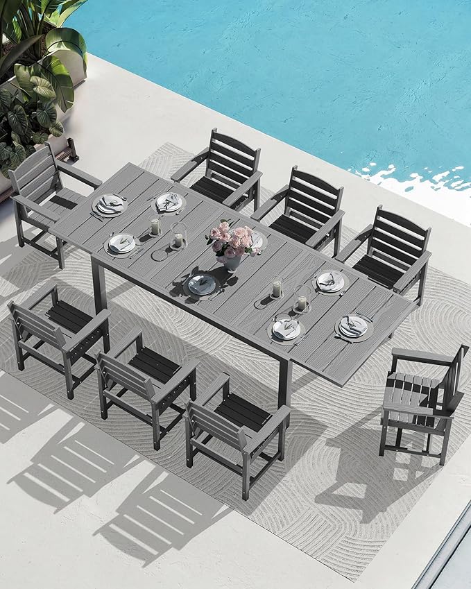 SERWALL 9-Piece Outdoor Dining Set, 60" - 83" Expandable Outdoor Dining Table and 8 HDPE Chairs, All Weather HDPE Outdoor Furniture Set for Backyard, Garden, Grey