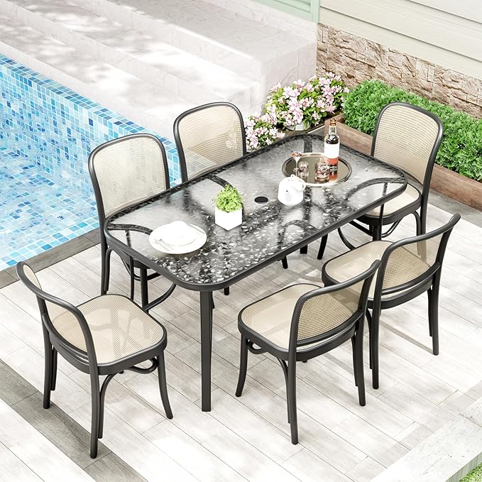 TLSUNNY Patio Outdoor Table W/ 1.69″ Umbrella Hole, 30"X 55" Rectangular Tempered Glass Patio Dining Table for 6, Outdoor Metal Furniture, All-Weather Use, for Patio, Graden, Backyard (Black)