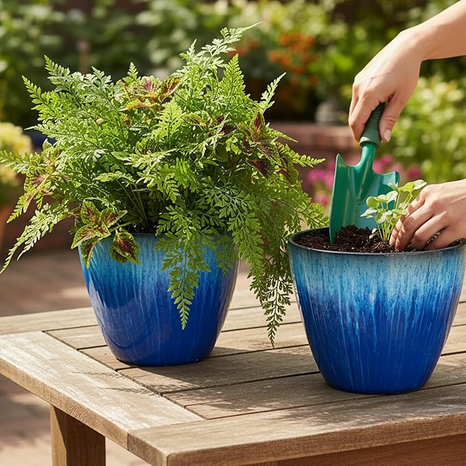 Pack of 2 Flower Pots, Plastic Plant Pots with Drainage Holes, 8 inch Modern Glossy Finishing Planter for Indoor Outdoor Plants (Blue Glaze, 2 Pack)