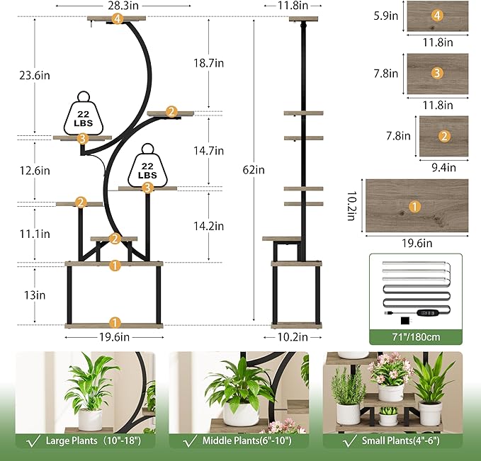 Plant Stand Indoor with Grow Lights - 62" Tall Plant Shelf, Lighted Corner Plant Stands for Indoor Growing, 8 Tiered Large Flower Holder, S-Shaped Decorative Rack for Living Room, Patent Design, Grey