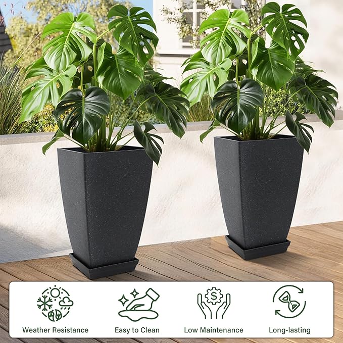 Set of 2 Tall Planter, 21 inch Large Plastic Planter with Drain Hole & Saucers, Large Outdoor Planters for Porch, Garden, Patio, Balcony(Cement Gray)