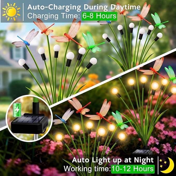 Solar Garden Lights Outdoor - 2 Pack Dragonfly Solar Swaying Light, Sway by Wind, Firefly Lights Outdoor Yard Patio Pathway Decoration, Big Bulb, High Flexibility Iron Wire & Realistic Dragonflies