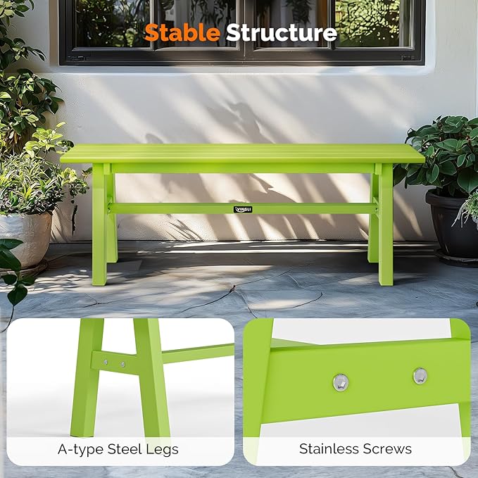 VINGLI 47” Outdoor Bench Garden Bench HDPE Porch Bench w/Metal Legs, Poly Lumber Patio Bench, 660 LBS Capacity Outdoor Backless Bench(Green)
