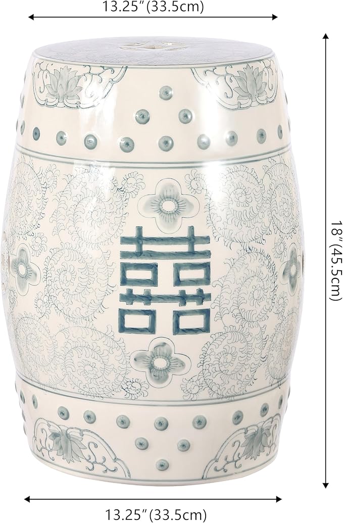 JONATHAN Y TBL1013C Double Happiness 18" Chinoiserie Ceramic Drum Indoor/Outdoor Garden Stool Bohemian, Coastal, Classic, Cottage, Traditional, Patio, Garden, Bathroom, Living Room, Gray Blue/White