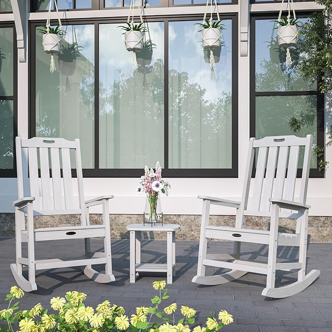 Oversized Rocking Chair Set of 8, Outdoor Rocking Chair for Adults, All Weather Resistant Porch Rocker for Lawn Garden, White