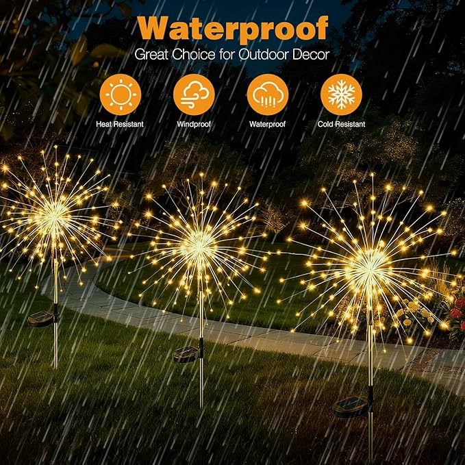 btfarm 4 Pack 120 LED Solar Garden Lights Outdoor, 8 Modes Firework Lights Solar Powered, Waterproof Twinkle Fairy Light Outside for Yard Patio Pathway Pool Christmas Party Decorative, Warm White
