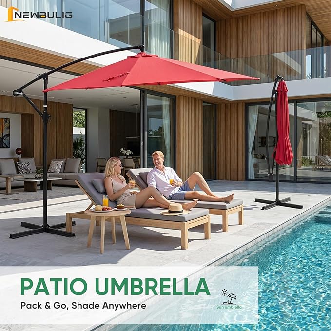 NEWBULIG 10FT Patio Umbrella, Offset Cantilever Outdoor Patio Table Umbrella, UV Protection, Fade Resistant Fabric, Easy Tilt Adjustment for Pool, Deck, Garden, Backyard