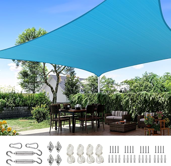Quictent 24X24FT Large Overzied 185G HDPE Square Sun Shade Sail Turquoise Canopy 98% UV Block Outdoor Patio Garden with Hardware Kit