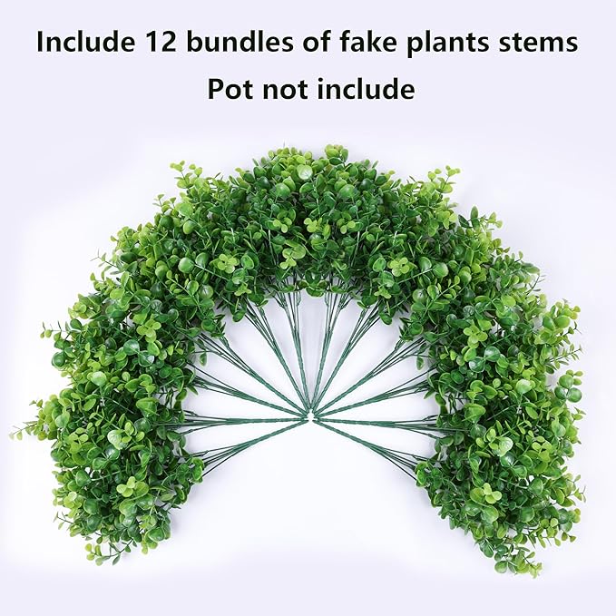 Artificial Faux Outdoor Plants for Spring Summer Decoration, 12 Bundles Fake Plastic Eucalyptus UV Resistant Look Real Fake Plants for Planter Outside Front Door Porch Patio Balcony Garden Indoor Yard