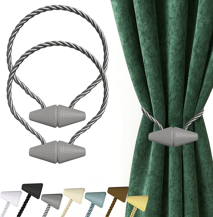 Hion Magnetic Curtain Tiebacks Grey 2pcs, Curtain Tiebacks Buckles Holdbacks Holders Hooks Clip for Home Bedroom Office Decorative Curtain