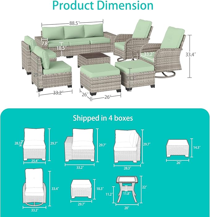 11-Piece Outdoor Patio Furniture Set with Rocking Swivel Chair Wicker Sectional Sofa Set, Patio Conversation Set with Ottomans & Coffee Table for Garden, Backyard, Poolside, Light Green