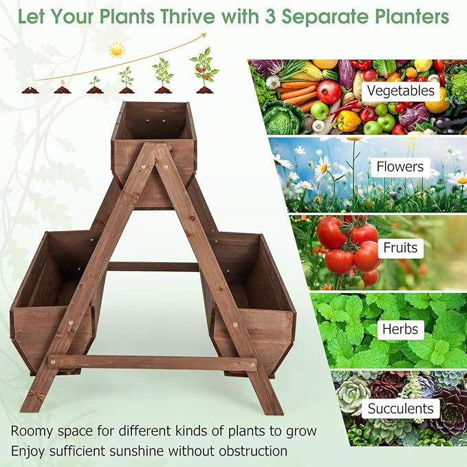 Giantex Vertical Raised Garden Bed, 3 Large Wood Planter Boxes for Flower Vegetable Fruit Herb, Freestanding Planter with Drain Holes, Elevated Raised Beds for Indoor Outdoor Lawn Patio Yard, Brown