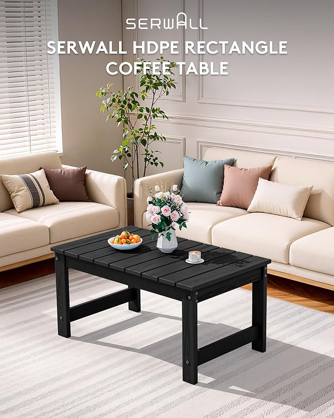 SERWALL Outdoor Coffee Table, HDPE Patio Coffee Table for Outside, Rectangle, Black