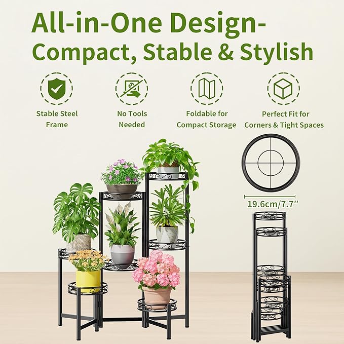Metal Plant Stand, 7 Tier Tall Wrought Iron Plant Shelf Holder for Indoor, Outdoor Folding Tall Display Rack Flower Pot Stand for Corner Office Balcony Patio - BlackCircle
