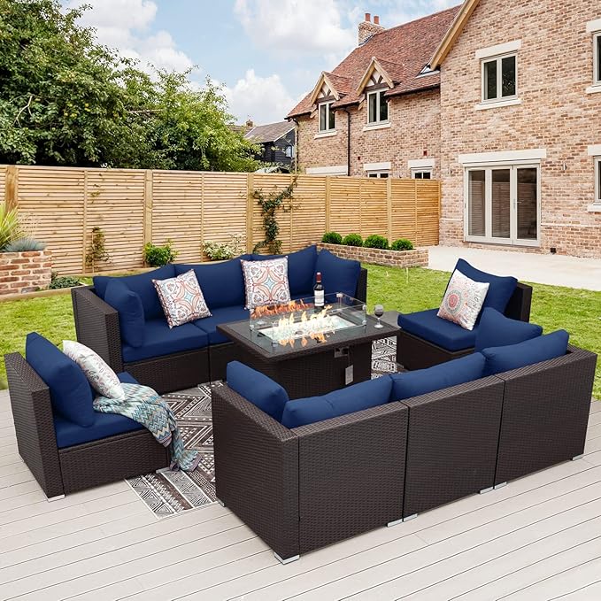 NICESOUL 9 Piece Patio Sectional Sofa Set with Fireplace Natural Gas/Propane, 29.3'' High Back Deep Seats Outdoor Conversation Couch, Extra-Large Wicker Furniture Sets, Brown Rattan and Blue Cushion