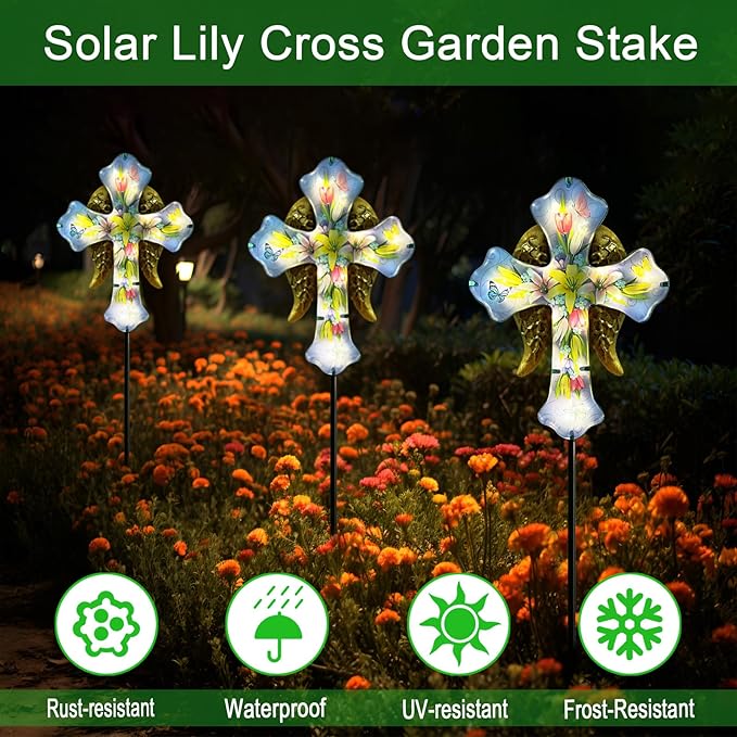 Solar Cross Garden Stake Lights for Outdoor Garden,Cemetery,and Yard Decor,Angel Wings Cross Solar Christmas Lights Outdoor,Memorial Gifts Lily