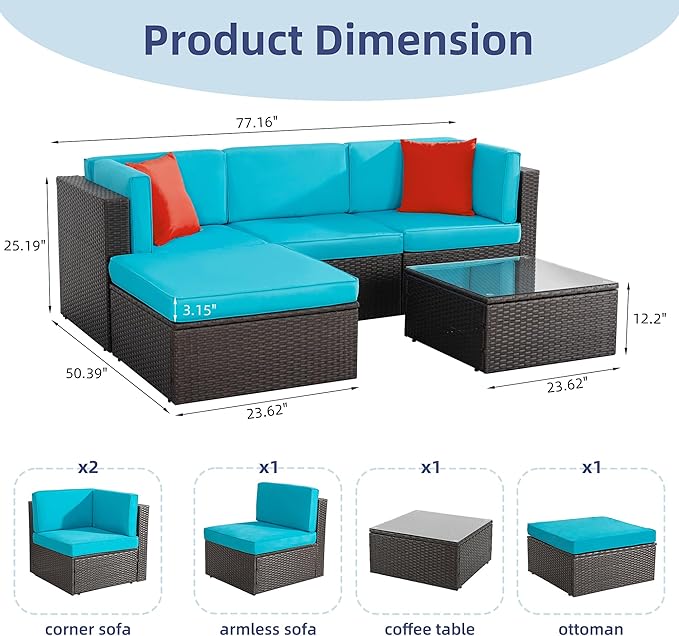 Vongrasig 5 Piece Furniture Sets, All-Weather Brown PE Wicker Outdoor Couch Sectional Small Patio Conversation Garden Sofa Set w/Ottoman, Glass Table, Blue