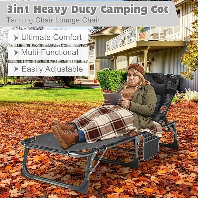 ABORON Heavy Duty Tanning Chair, 5-Gear Outdoor Folding Chaise Lounge Chair with Cushion,Portable Beach Lounge Chair for Outdoor Sunbathing Patio Pool Lawn Deck Poolside