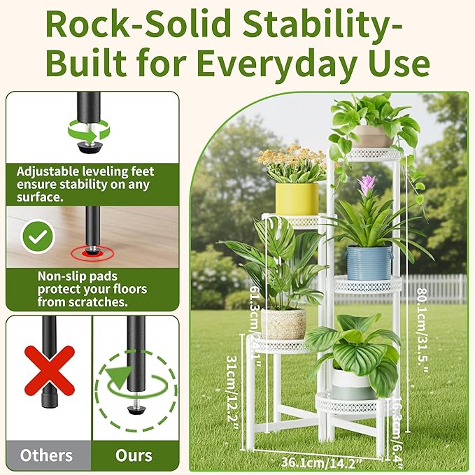 Metal Plant Stand Indoor Outdoor, 5 Tier Tall Flower Pot Holder Potted Display Rack Shelf, Heavy Duty Corner Plant Shelf for Patio Garden Balcony Living Room Bedroom - WhiteWave