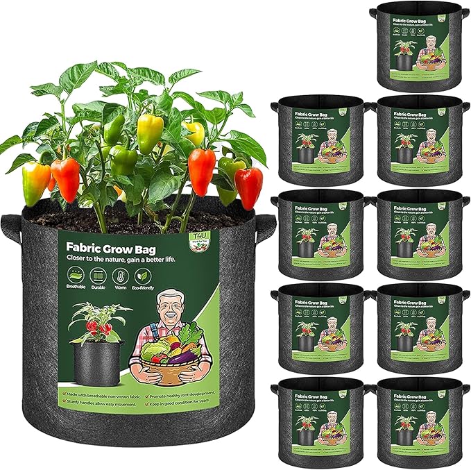 T4U 7 Gallon Grow Bags, Upgrade Grow Bags with Handles, Heavy Duty Thickened Nonwoven Fabric Pots, 7 Gallon Pots for Plants, Bell Pepper, Chili, Carrot, Kale (10 Pack)