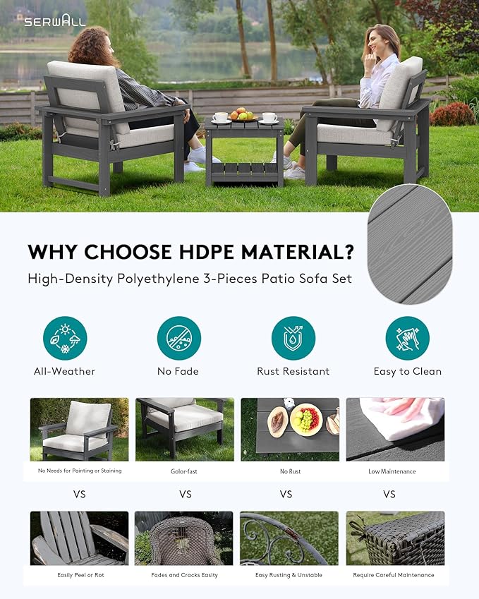 SERWALL HDPE Patio Sofa Set, 3-piece Sectional Outdoor Furniture Set, All Weather Outdoor Couch Set Patio Furniture Set for Deck, Lawn, Grey Frame with Khaki Cushion