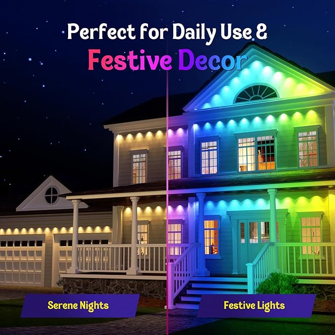 Fitop Permanent Outdoor Lights, 200FT RGB Smart LED Eaves Light, IP67 Waterproof Outdoor Strip Lights, 16 Million Colors, Extendable, App/Remote Control, Music Sync