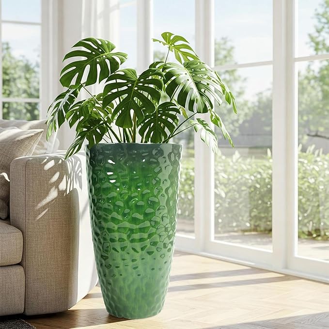 Worth 2 Pack 24" Tall Large Plastic Planter with Drainage Hole, Round Decorative Flower Plant Pit for Indoor or Outdoor Gardening, Glossy Green