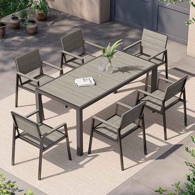 7-Piece Outdoor Dining Set, Aluminum Dining Table Set for 6, Patio Table and Chairs Set with Umbrella Hole, All Weather HDPS Outdoor Table and Chairs for 6 (Gray)
