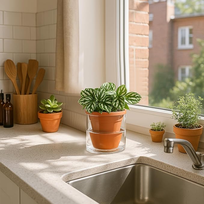 D'vine Dev 4 Inch Design Self Watering Pot for Indoor Plants, Terracotta Planter with Cylinder Glass Cup, 37-X-A-1