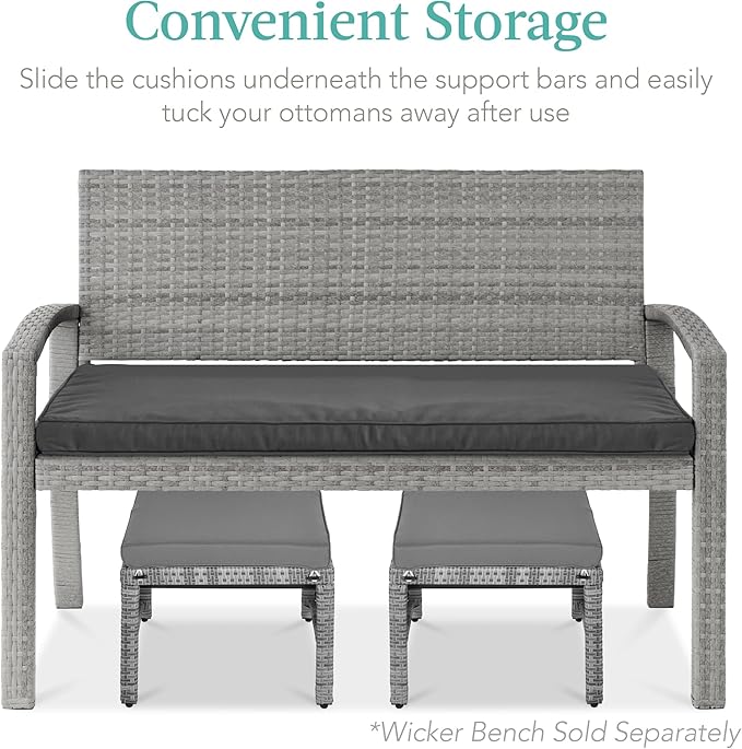 Best Choice Products Set of 2 Wicker Ottomans, Multipurpose Outdoor Furniture for Patio, Backyard, Additional Seating, Footrest, Side Table w/Removable Cushions, Steel Frame - Gray/Gray