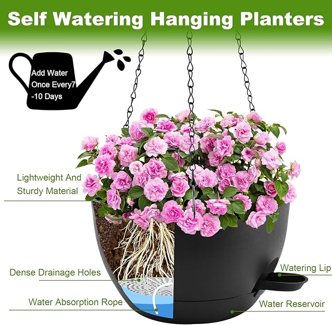 10 inch Hanging Planters for Indoor Plants, 3 Pack Self-Watering Hanging Planter Pots with Chain and Drainage Holes, Outdoor Plastic Hanging Baskets for Garden Home Decor (Black, 3pcs/10inch)