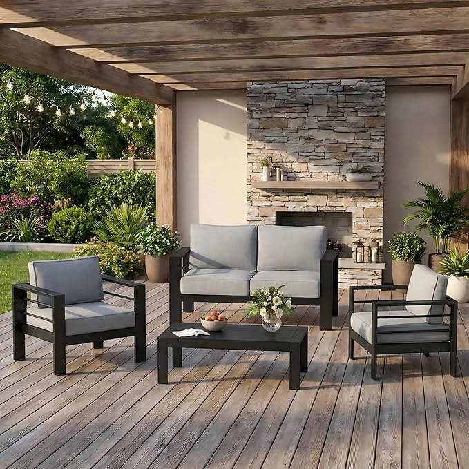 Solaste Aluminum Outdoor Patio Furniture Set, 4 Seats Patio Sectional Sofa with 5" Thick Cushion, Outdoor Patio Set with Coffee Table for Porch, Backyard, Deck, Yard, Light Grey