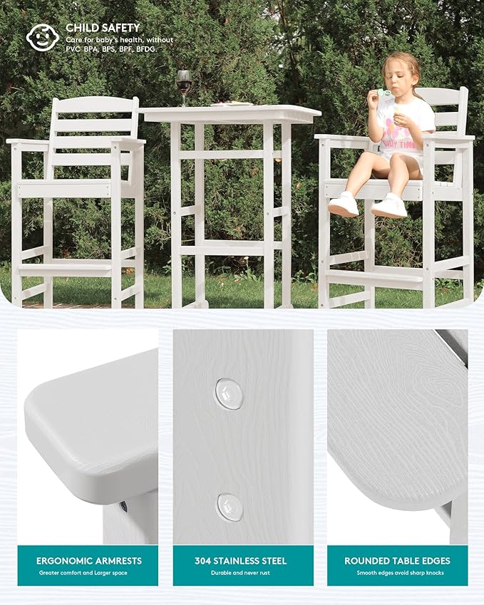 SERWALL 6 Pieces Outdoor Patio Bar Set with 9ft Umbrella, Outdoor HDPE Barstool and Table Furniture Set with Patio Umbrella, White
