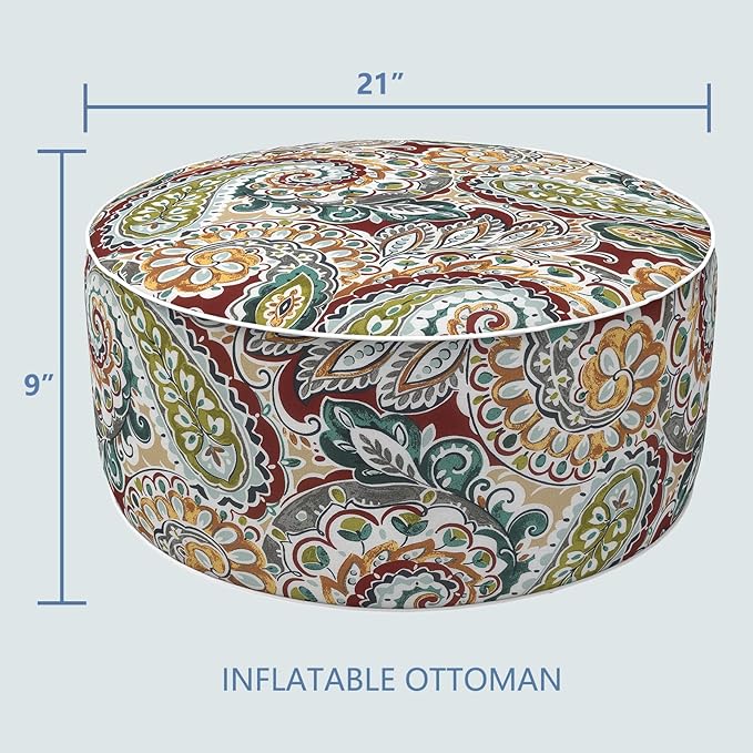 LVTXIII Inflatable Stool Ottoman Footrest with Handle, Decorative Fade-Resistant Foot Stool, Indoor or Outdoor Pouf for Home Garden and Camping Use, D21 x W 21 x H9, Paisley Chilli